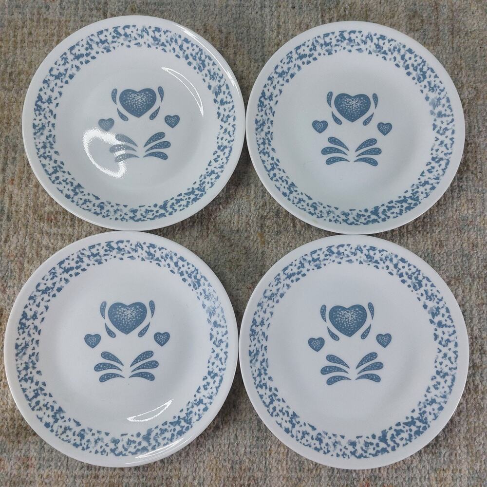 Set Of 4 Vintage Corelle Blue Hearts Bread Dessert Appetizer Plates 6 3/4" 6.75"